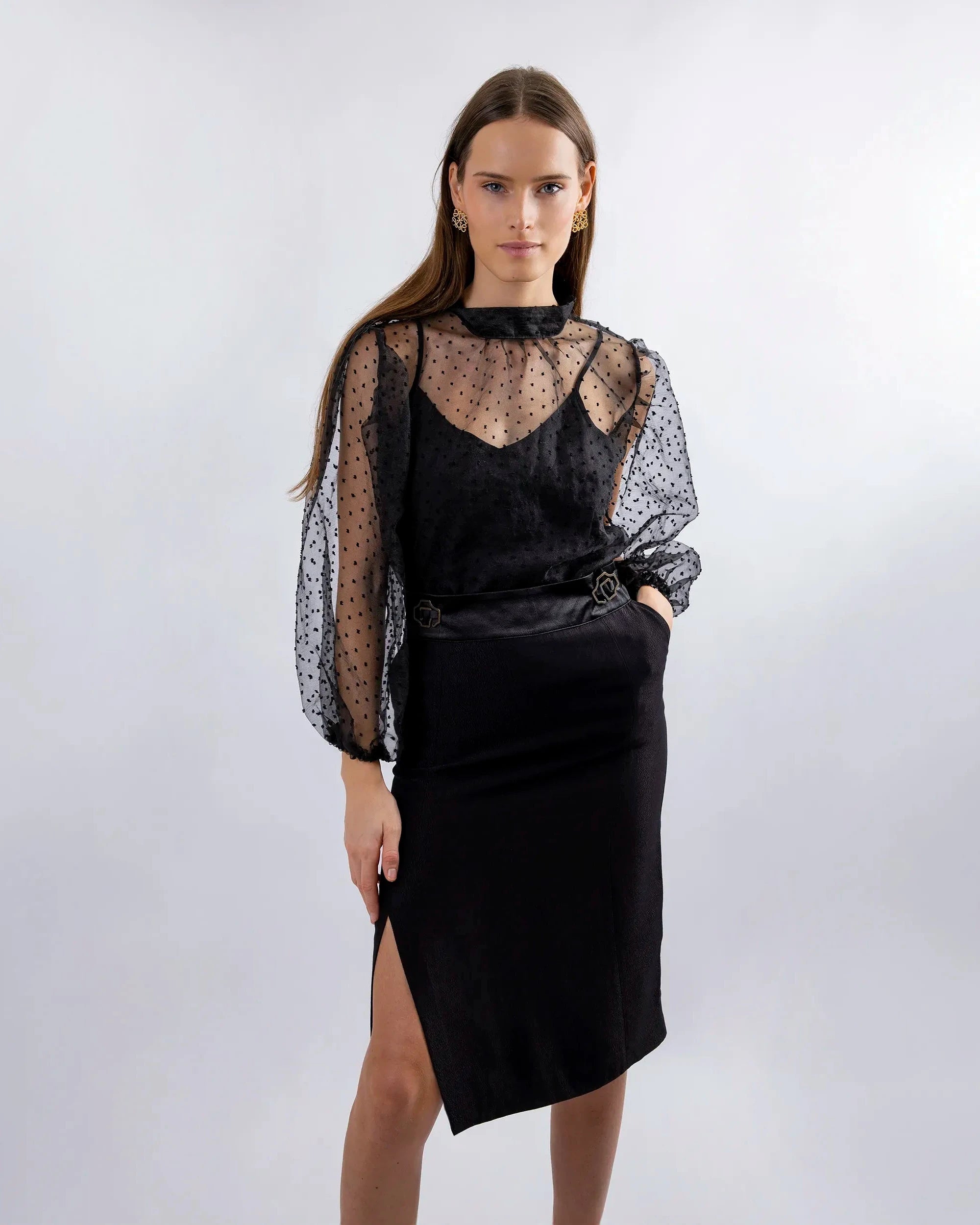 Jupe crayon ASUR Monroe noire ajustable, tenue de soirée avec poches en tissu français upcyclé