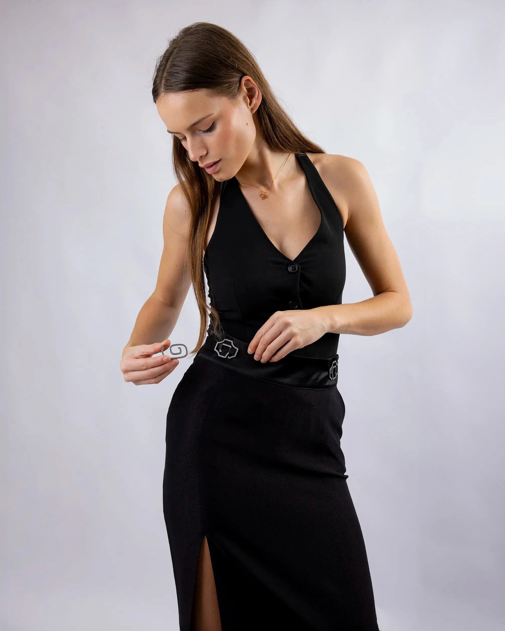 Jupe crayon ASUR Monroe noire ajustable, tenue de soirée avec poches en tissu français upcyclé