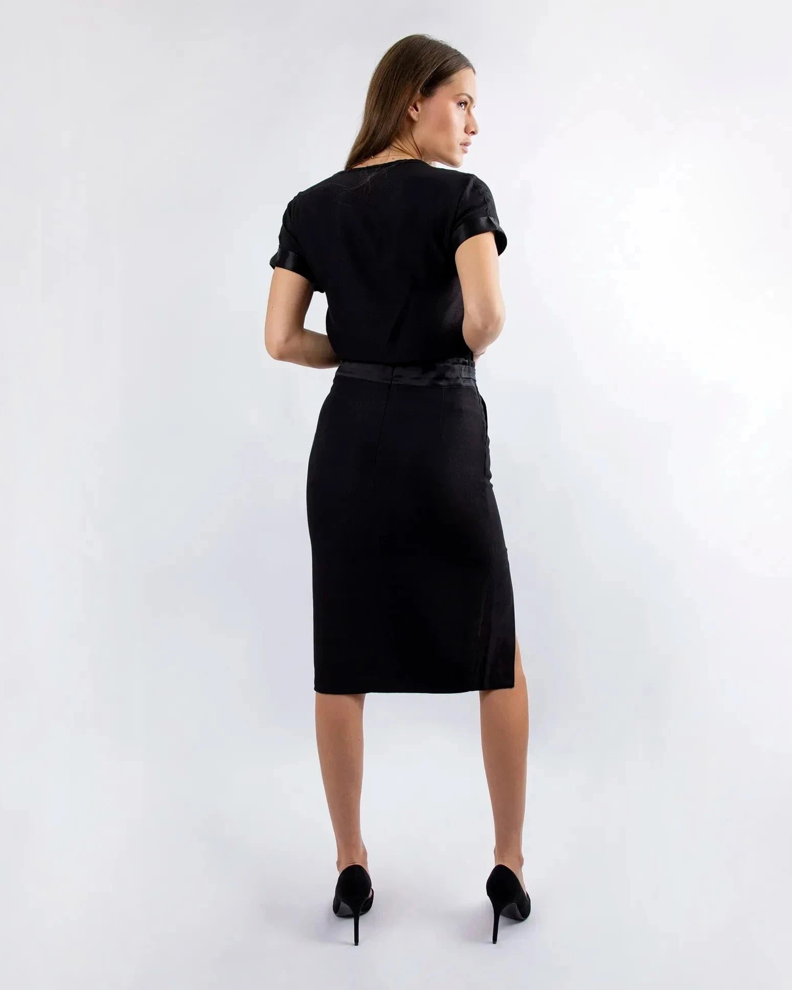 Jupe crayon ASUR Monroe noire ajustable, tenue de soirée avec poches en tissu français upcyclé