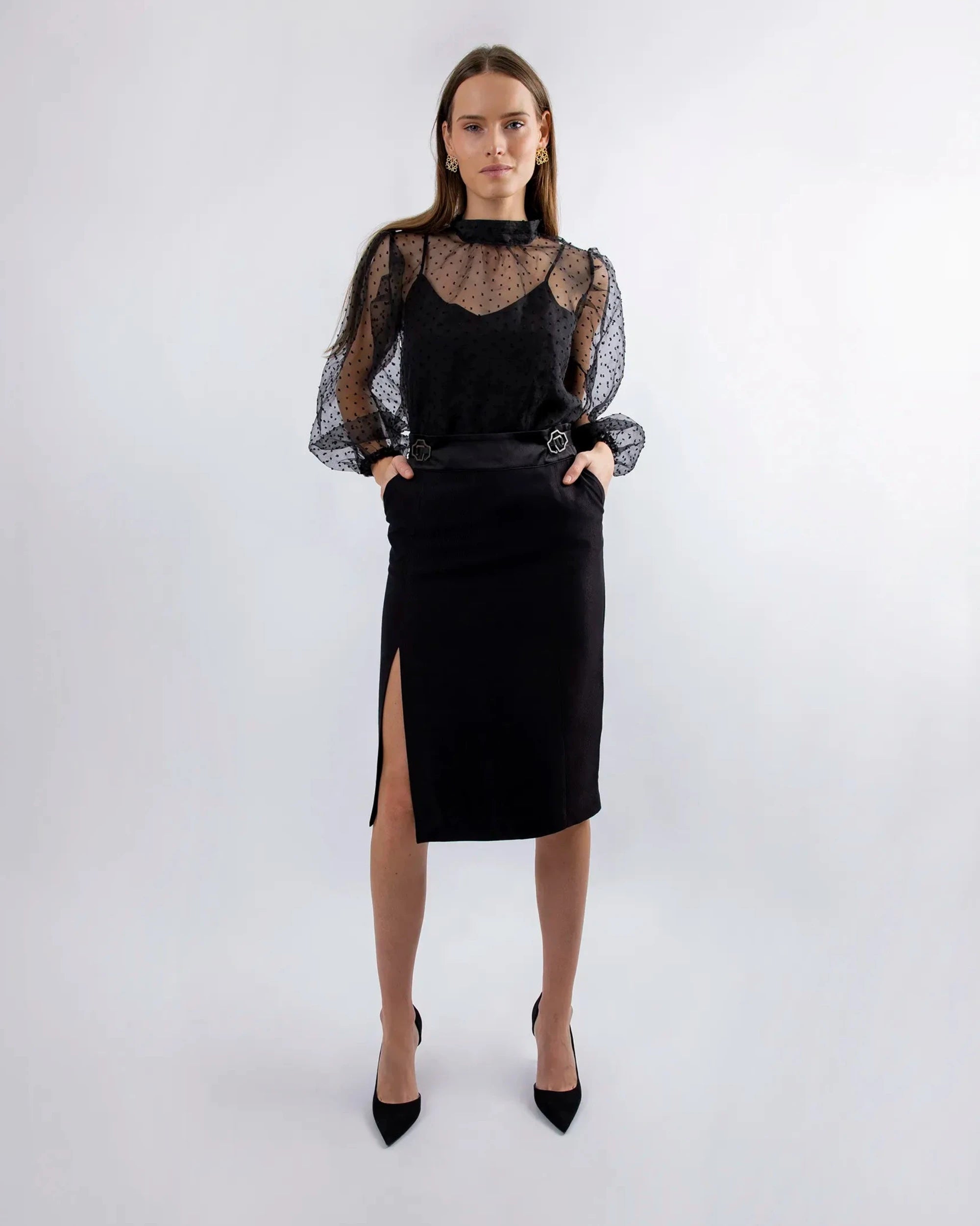 Jupe crayon ASUR Monroe noire ajustable, tenue de soirée avec poches en tissu français upcyclé