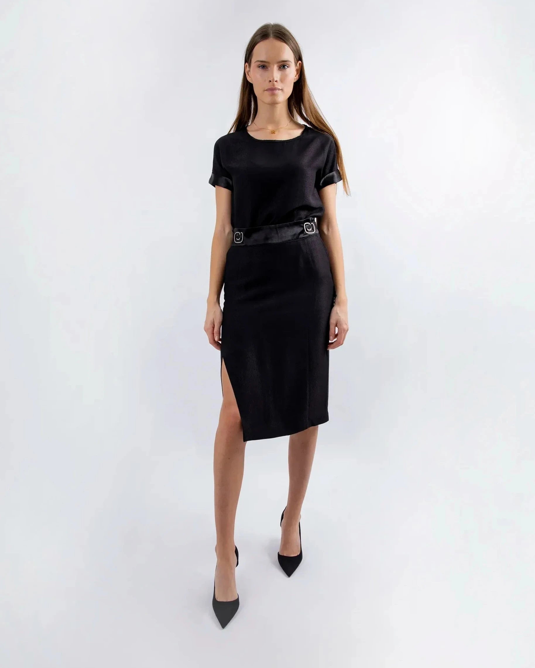 Jupe crayon ASUR Monroe noire ajustable, tenue de soirée avec poches en tissu français upcyclé