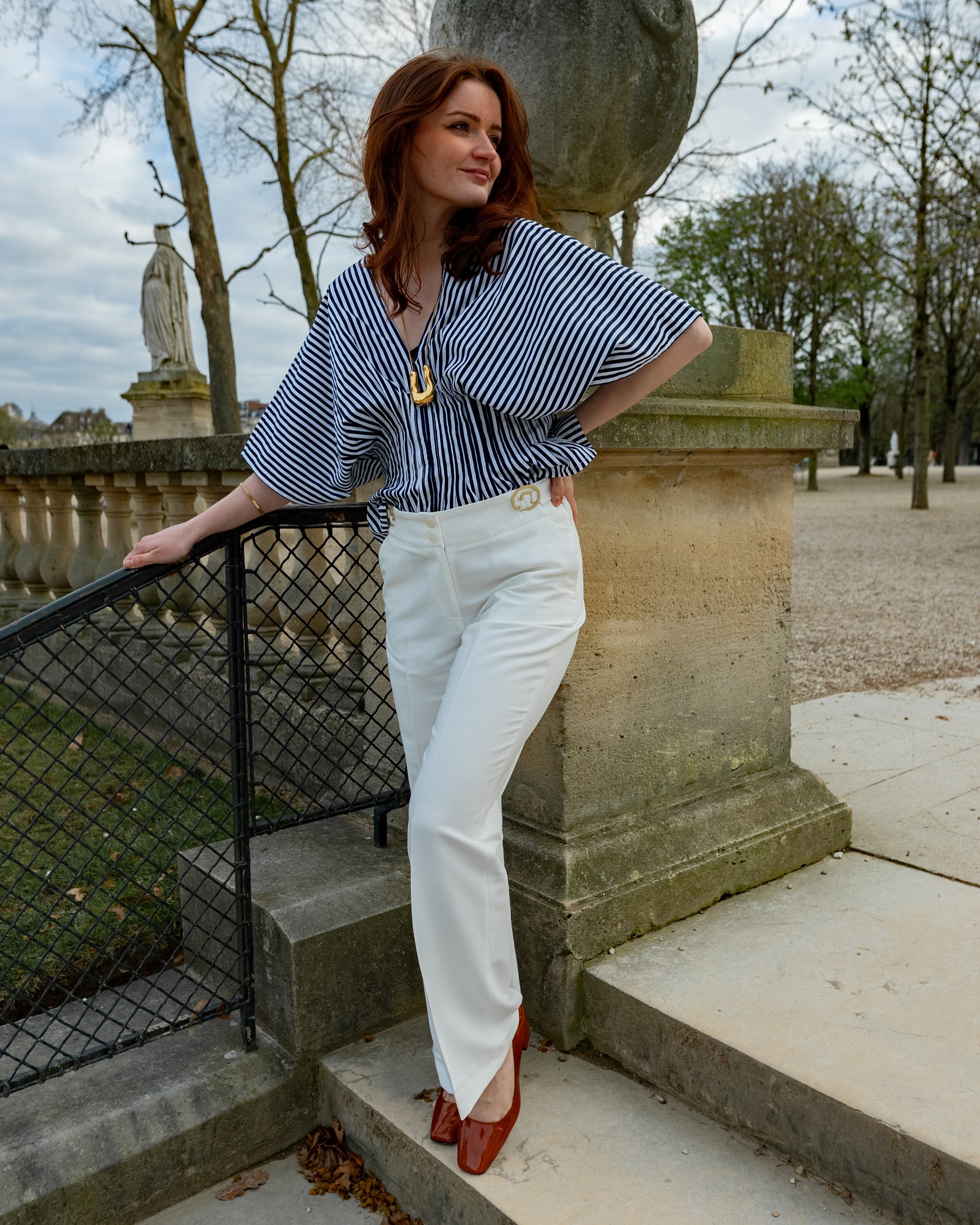 Pantalon ASUR Carmen blanc ivoire large droit ajustable en tissu upcyclé