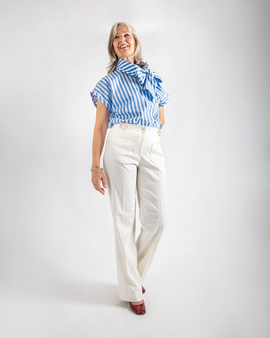 Pantalon ASUR Carmen blanc ivoire large droit ajustable en tissu upcyclé