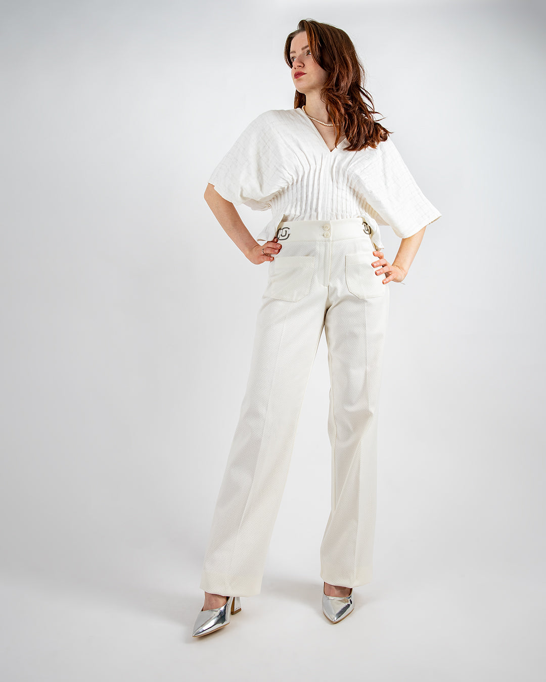Pantalon ASUR Carmen blanc ivoire large droit ajustable en tissu upcyclé