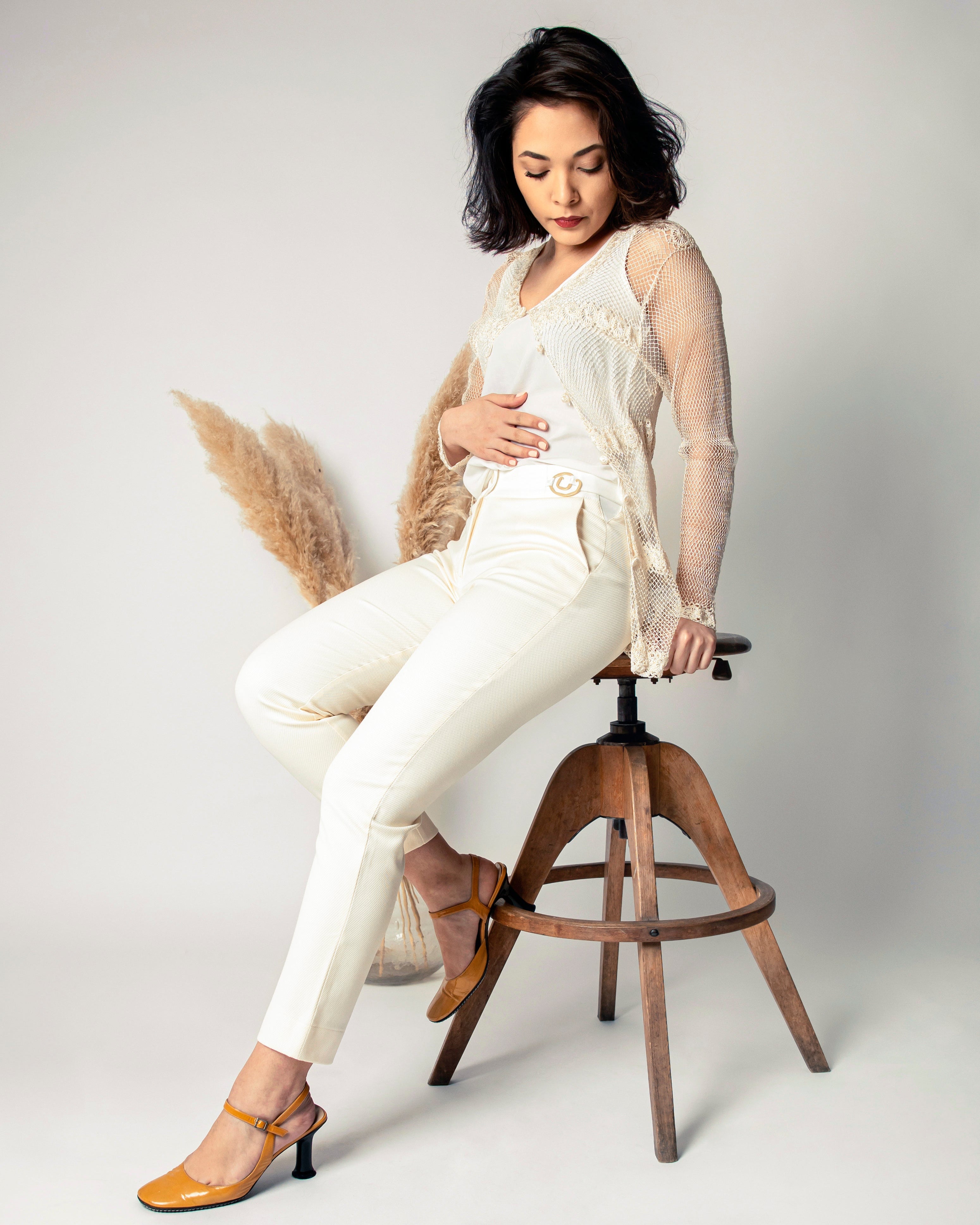 Pantalon ASUR Cyrene blanc ivoire cigarette ajustable confortable