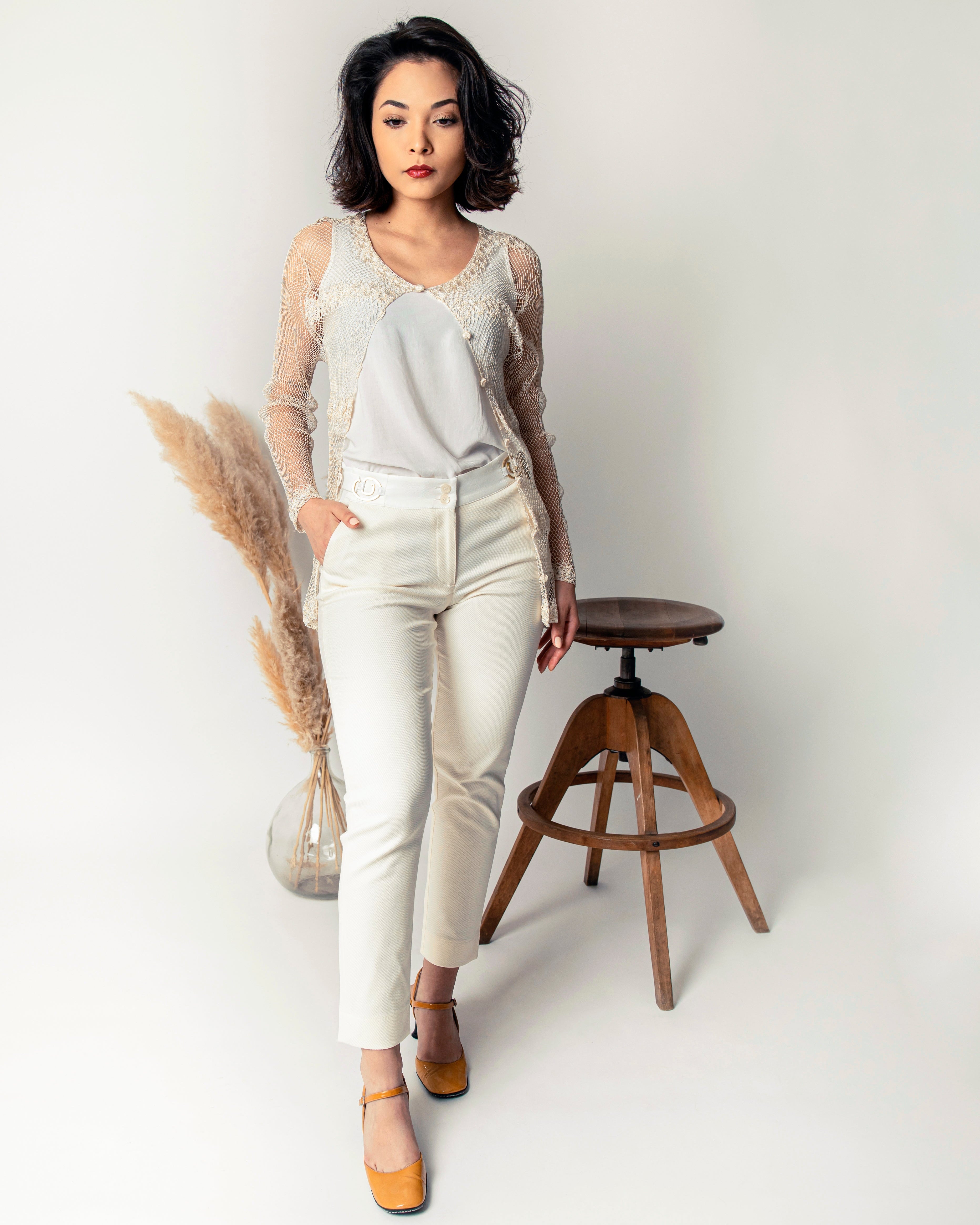 Pantalon ASUR Cyrene blanc ivoire cigarette ajustable confortable