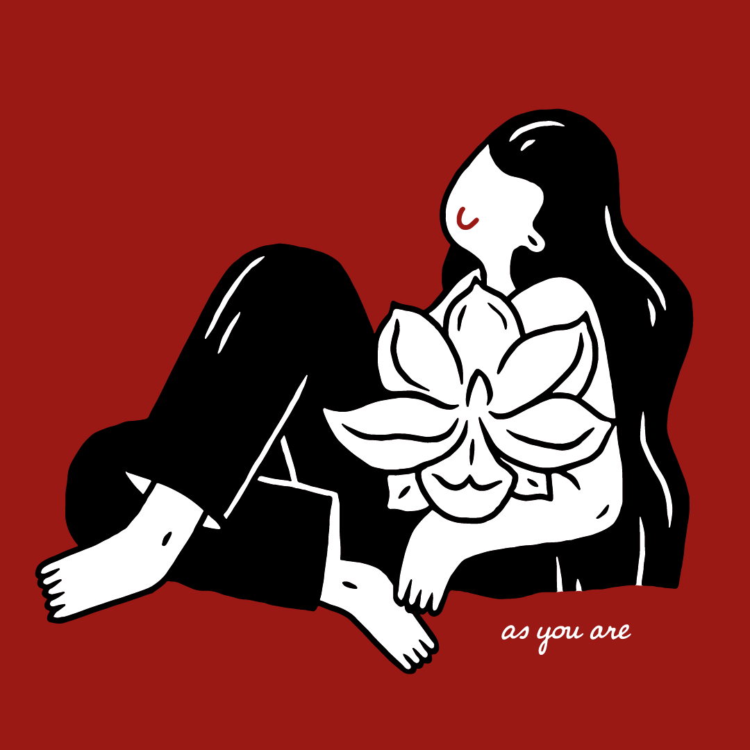 Illustration du t-shit rouge en coton, illustration de Zoe Bourhis, modèle femme fleur de la marque ASUR.