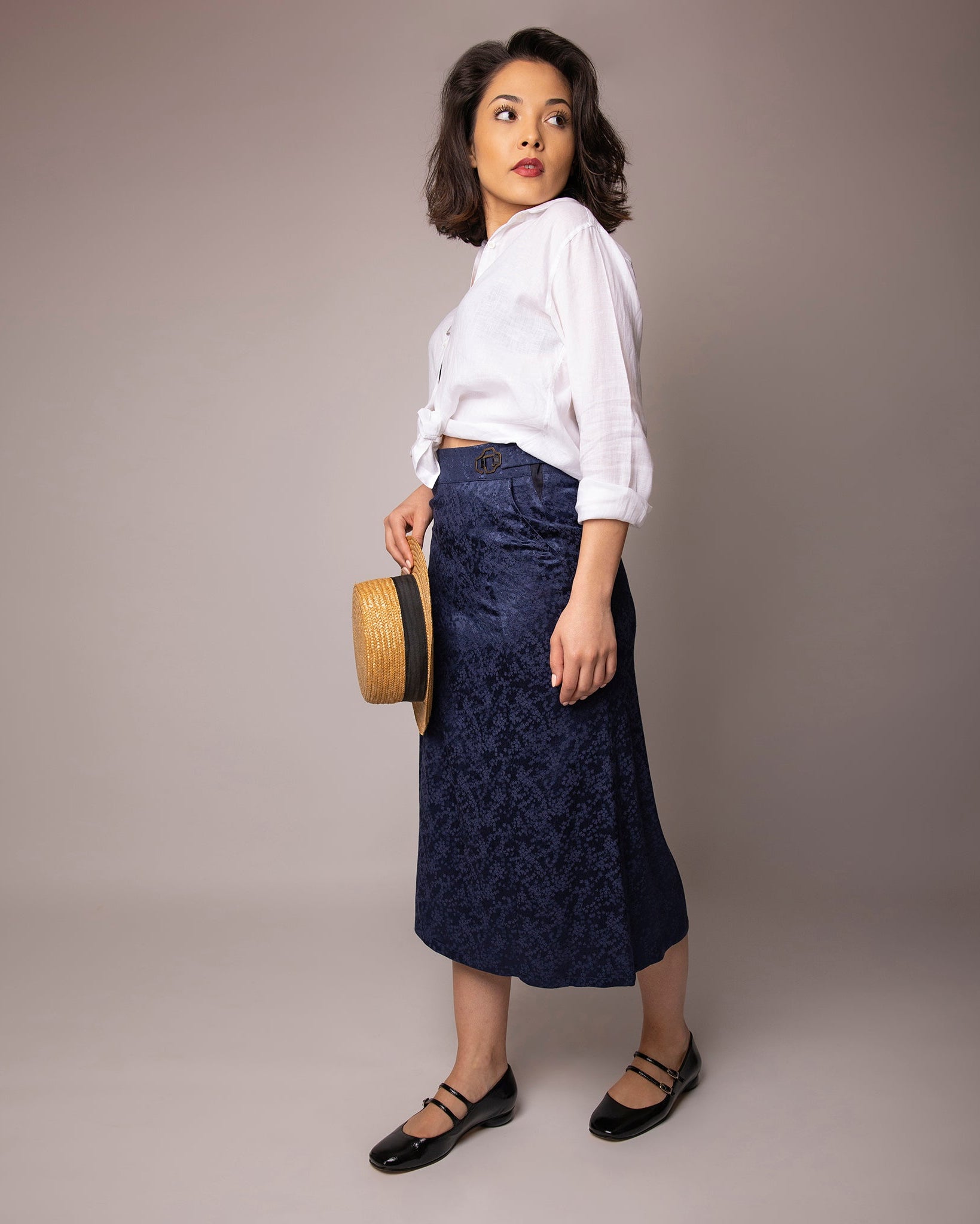 Jupe ASUR Flora bleu marine ajustable avec poches en tissu upcyclé