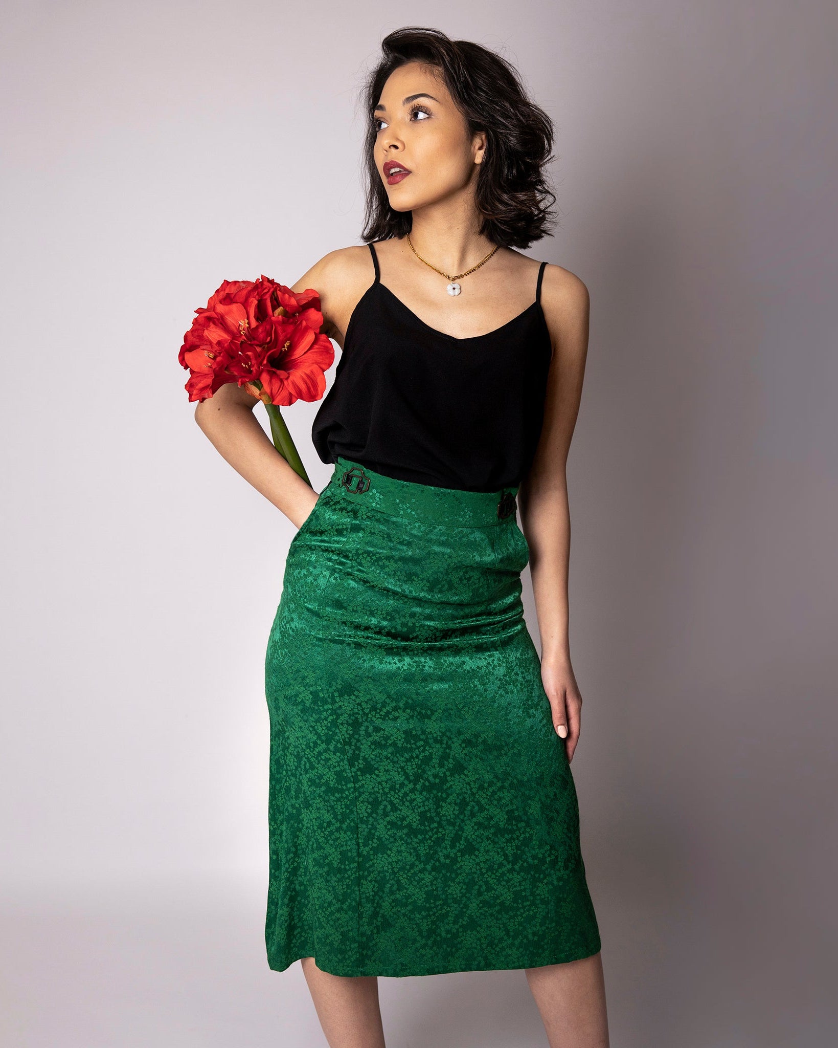 Jupe ASUR  Flora verte ajustable avec poches en tissu upcyclé
