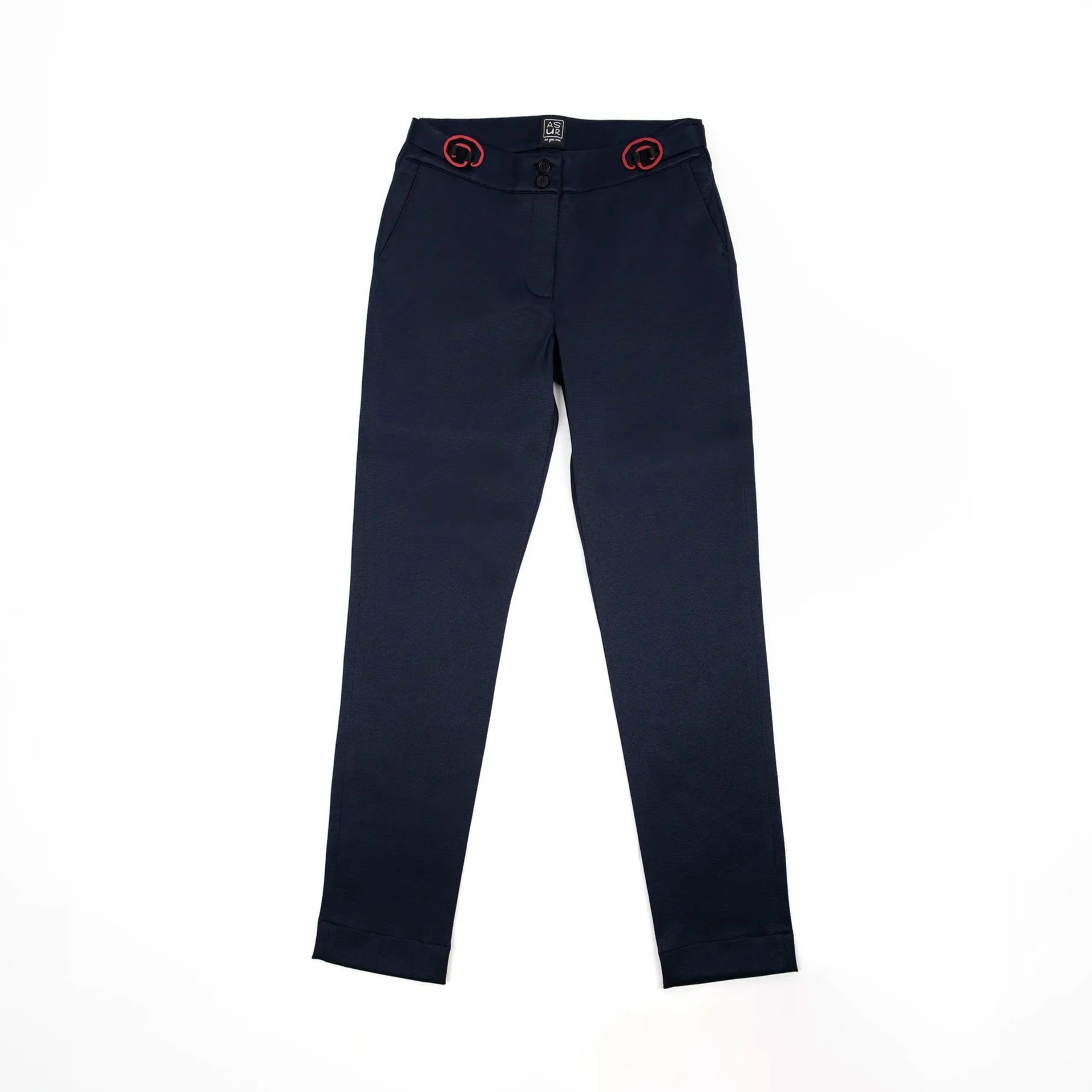 Pantalon bleu marine, ajustable et confortable en tissu upcyclé, coupe cigarette, modèle Cyrene de la marque ASUR