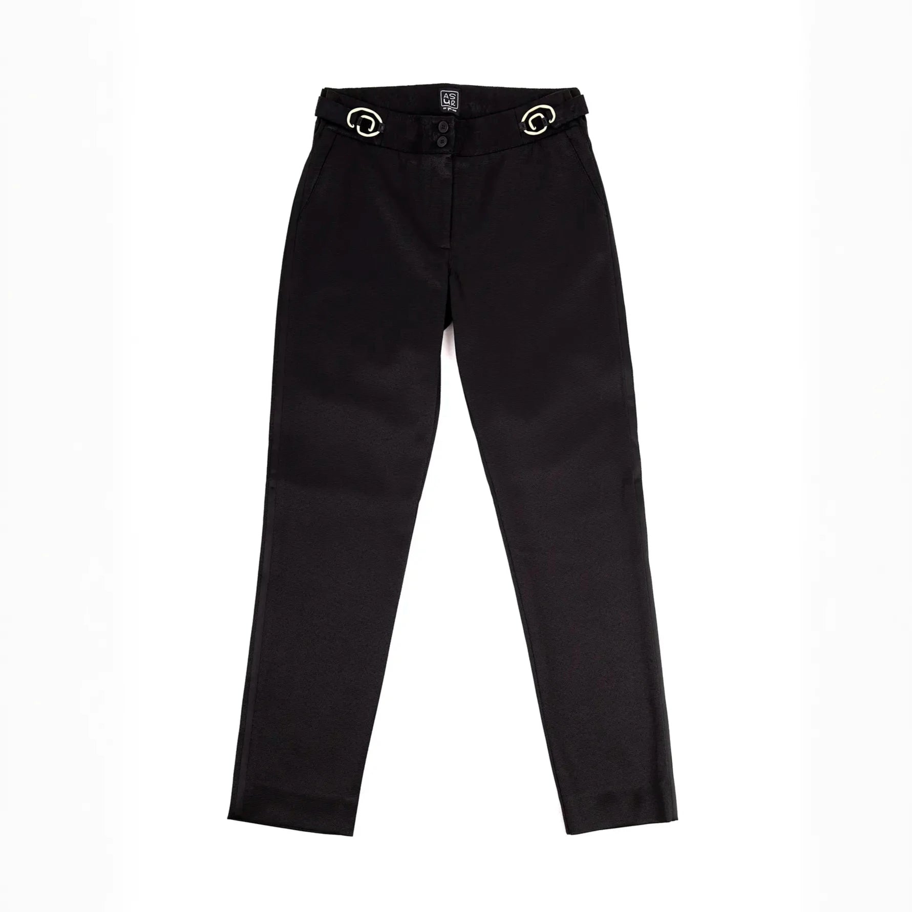 Pantalon coloris éclat, noir, ajustable et confortable en tissu upcyclé, coupe cigarette, modèle Cyrene de la marque ASUR