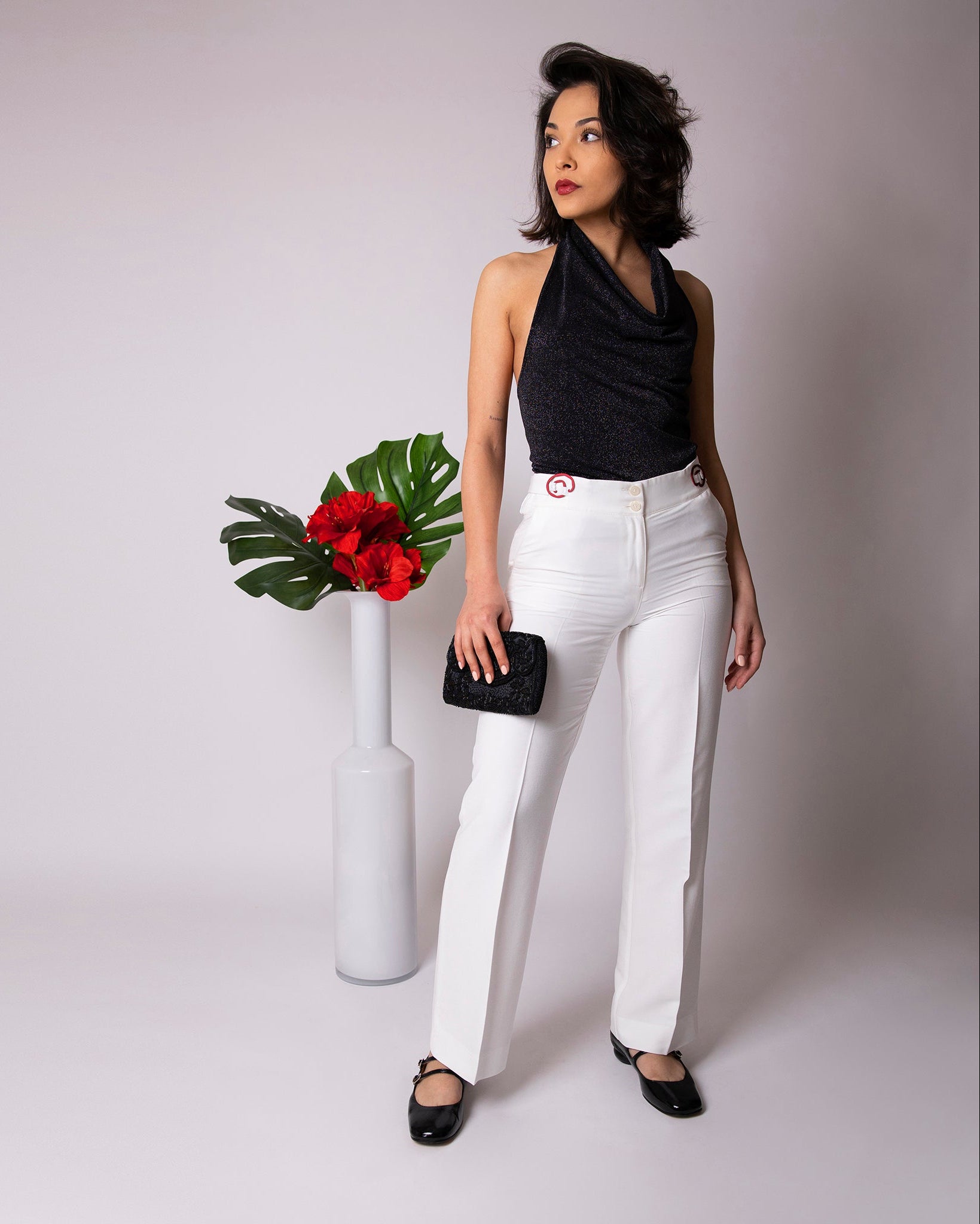Pantalon ASUR Carmen blanc ivoire large droit ajustable en tissu upcyclé