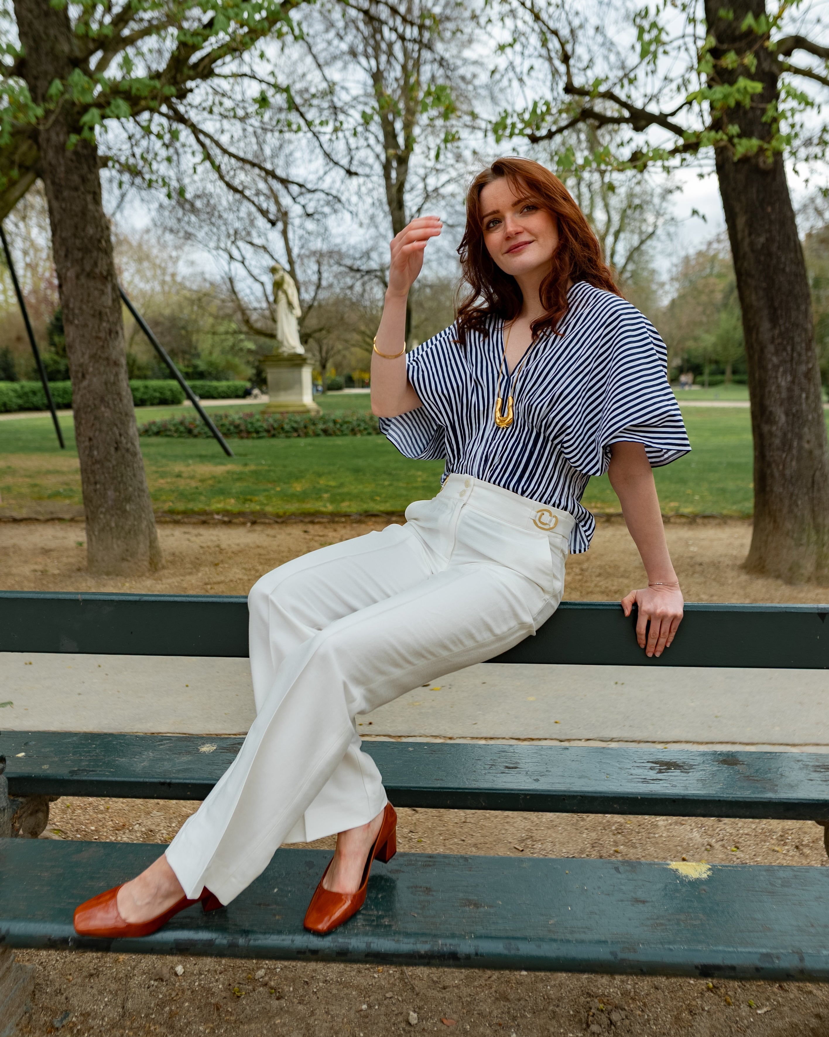 Pantalon ASUR Carmen blanc ivoire large droit ajustable en tissu upcyclé