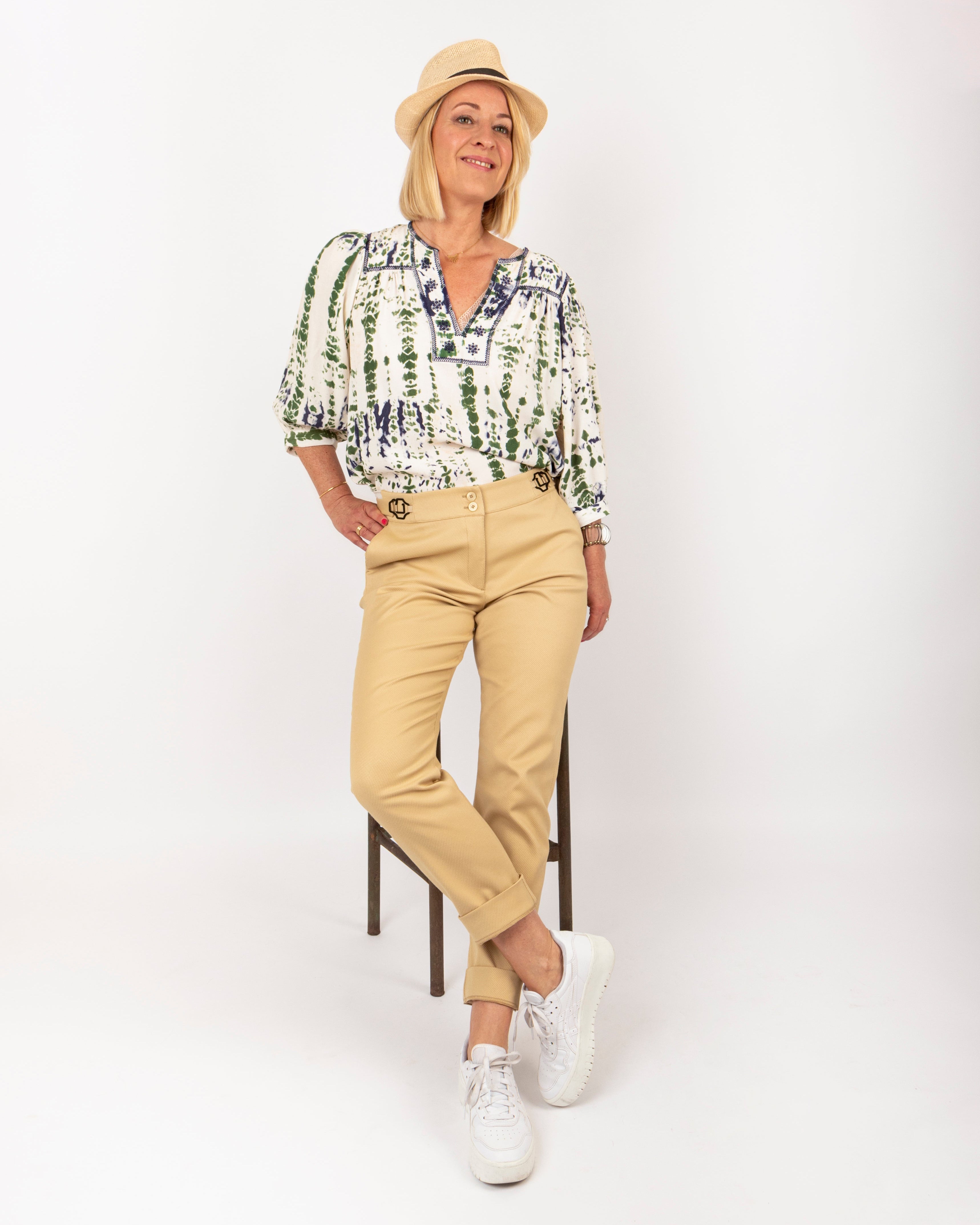 Pantalon ASUR Cyrene sable beige coupe cigarette ajustable