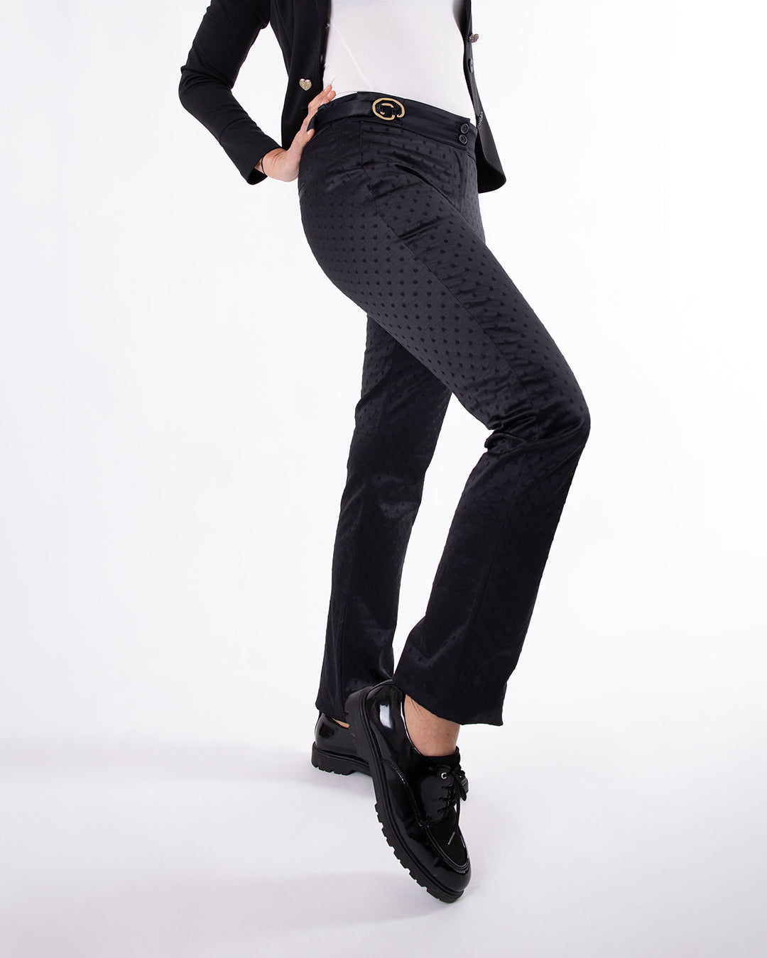 Pantalon ASUR Isis noir à pois coupe droite ajustable, confortable en tissu